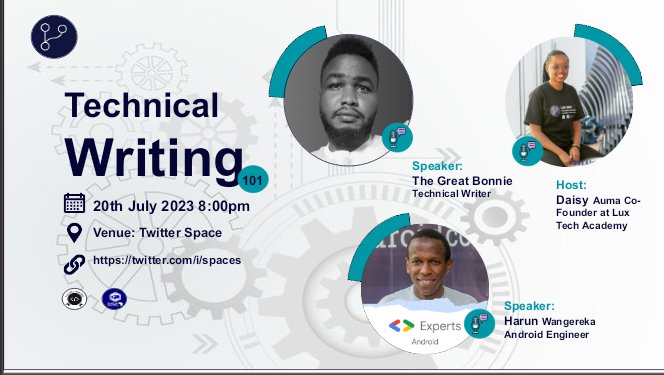 Hello techies!!📢📢
Are you ready for @lux_academy #IndustryExpertsTalk Technical writing 101?🎙Have you set a reminder yet? Don't miss out on this awesome event.
<a href="/daisyfaithauma/">Daisy Faith Auma 🇰🇪🇬🇧</a> 
<a href="/wangerekaharun/">Harun Wangereka</a> 
<a href="/The_GreatBonnie/">Bonnie</a> 
<a href="/DSEAfrica/">DSEAfrica : Your career in data starts here.</a>
<a href="/LuxDevHQ/">LuxDevHQ : Transforming Data Education</a>

Link:x.com/i/spaces/1yNGa…