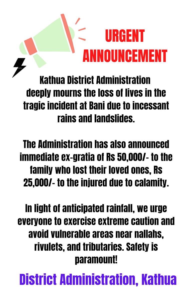 DC Kathua (@districtadmkat1) on Twitter photo 🚨 Urgent Announcement 🚨
Kathua Administration mourns the tragic incident at Bani.
Rs 50,000/- ex-gratia for the bereaved families, Rs 25,000/- for the injured.
#RainAlert #SafetyFirst
<a href="/PIBSrinagar/">PIB in Jammu Kashmir & Ladakh</a> <a href="/Minhas1Rakesh/">Rakesh Minhas</a> <a href="/diprjk/">Information & PR, J&K</a>
<a href="/OfficeOfLGJandK/">Office of LG J&K</a> <a href="/Divcomjammu/">Divisional Commissioner Jammu</a> <a href="/ddnews_jammu/">DD NEWS JAMMU | डीडी न्यूज़ जम्मू</a> 🚨 Urgent Announcement 🚨
Kathua Administration mourns the tragic incident at Bani.
Rs 50,000/- ex-gratia for the bereaved families, Rs 25,000/- for the injured.
#RainAlert #SafetyFirst
<a href="/PIBSrinagar/">PIB in Jammu Kashmir & Ladakh</a> <a href="/Minhas1Rakesh/">Rakesh Minhas</a> <a href="/diprjk/">Information & PR, J&K</a>
<a href="/OfficeOfLGJandK/">Office of LG J&K</a> <a href="/Divcomjammu/">Divisional Commissioner Jammu</a> <a href="/ddnews_jammu/">DD NEWS JAMMU | डीडी न्यूज़ जम्मू</a>