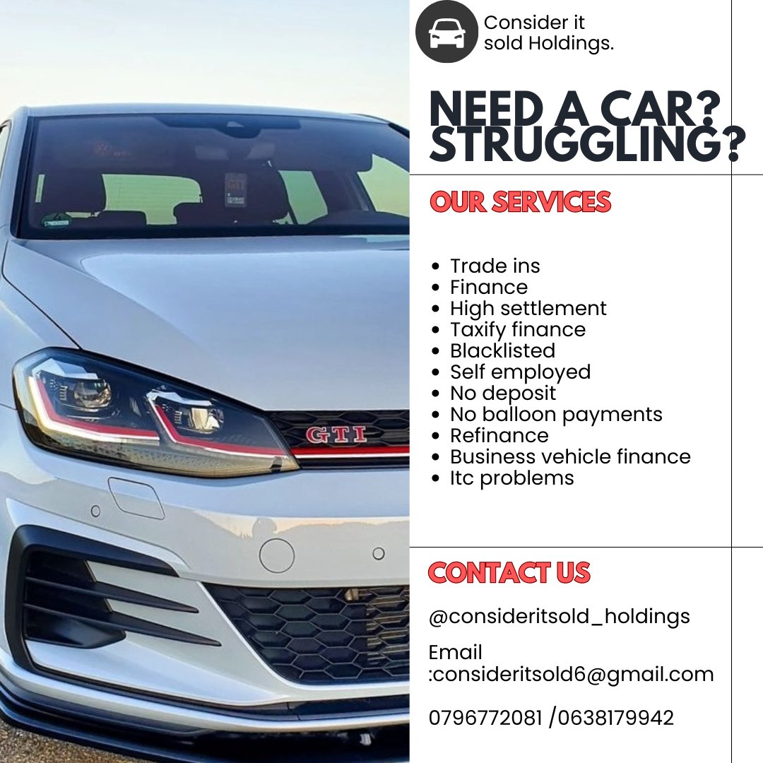 considerIt_sold's tweet photo. @Maqhawe_Ngubane Are you looking for a car?

Consider it sold Holdings is giving you a right to come and check if you qualify or not!

Let's check for you today!

Fill your application here

https://t.co/7bZW08gsh5

Thank you! https://t.co/kMcSU0D09T