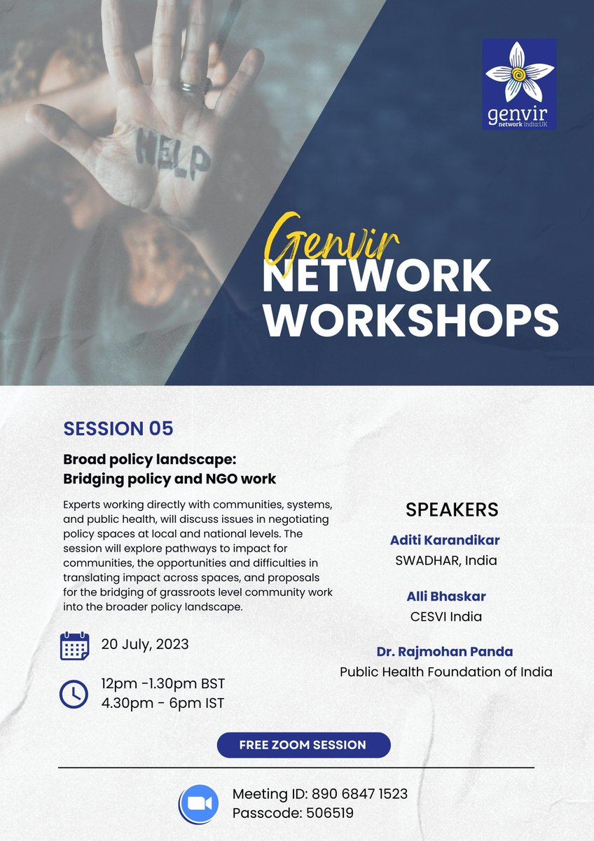 ProjectGenViR's tweet image. #GenvirNetworkWorkshops Session 05
Live discussion on Broad policy landscape: Bridging policy and NGO work, by Aditi Karandikar, Alli Bhaskar, Dr. Rajmohan Panda.
Zoom session on 20 July 2023 @ 12pm BST; 4.30pm IST
eventbrite.com/e/658243362617
#GenViR #GenderBasedViolence #India #GBV