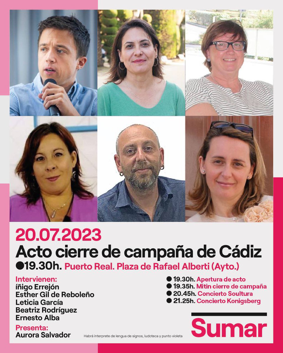 SumarCadiz's tweet photo. Y este jueves 🥁 Cierre de campaña provincial en Puerto Real con tremendo cartel 😍

🔈Vente con nosotras a coger el último impulso de una campaña ilusionante que  va a terminar generando mayor esperanza. 

Votar a Sumar es votar por ti.

#EsPorTi #CadizSuma 💕 https://t.co/gWIINnQvl1