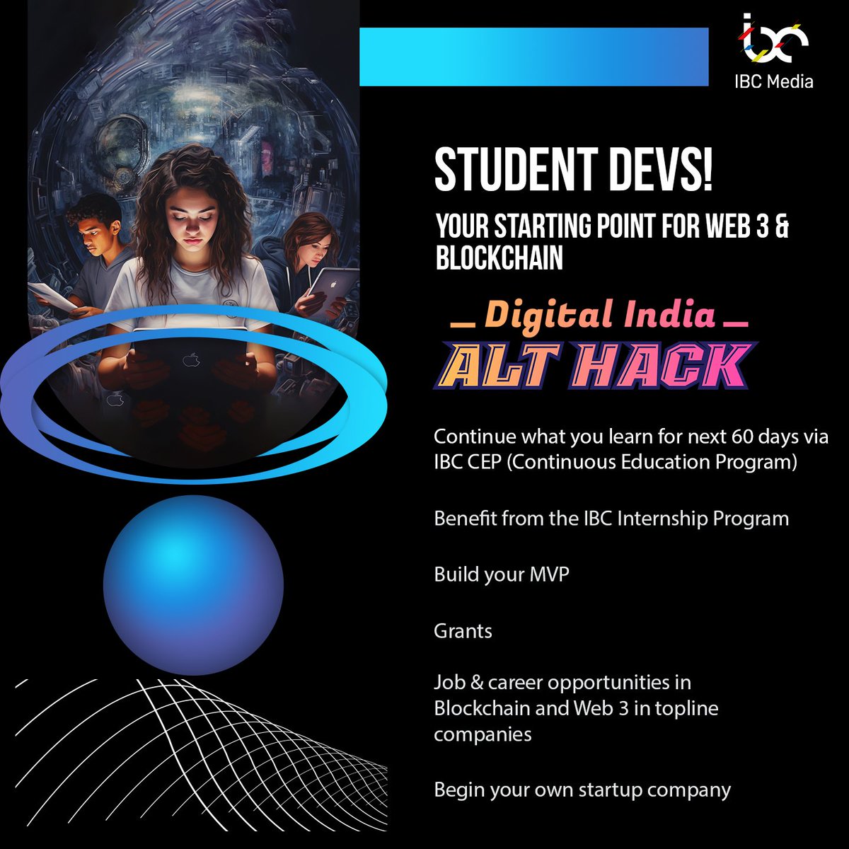 IBCMedia_'s tweet photo. 🌟 Join IBC Alt Hacks for a Web 3 career! 
🚀 8-day bootcamp: Orientation to Guided Building 🏫 In partnership with Govt of India &amp; Skill Boards 🇮🇳 Win IBC Certificates, gain recognition 🏆 Unlock grants, jobs, startups! Engage with experts 🤝 #AltHacks #Web3Career #DigitalIndia https://t.co/lwgOKTty2n