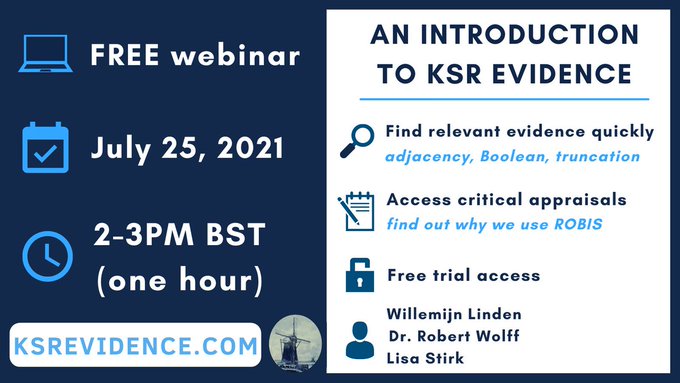 KSR Evidence (@ksrevidence) on Twitter photo Do you spend hours searching and screening #evidence?
Do you want to know the quality of a #systematicreview without having to write the critical appraisal yourself?
<a href="/KSREvidence/">KSR Evidence</a> can help.
Register now for our virtual #webinar tiny.cc/KSREvidenceweb… Do you spend hours searching and screening #evidence?
Do you want to know the quality of a #systematicreview without having to write the critical appraisal yourself?
<a href="/KSREvidence/">KSR Evidence</a> can help.
Register now for our virtual #webinar tiny.cc/KSREvidenceweb…
