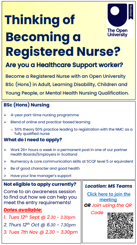Do you wish to become a nurse, but maintain your current employment in a health and social care environment?  Come along to one of these information sessions to find out about the Open University programme. Click link to join teams.microsoft.com/dl/launcher/la…