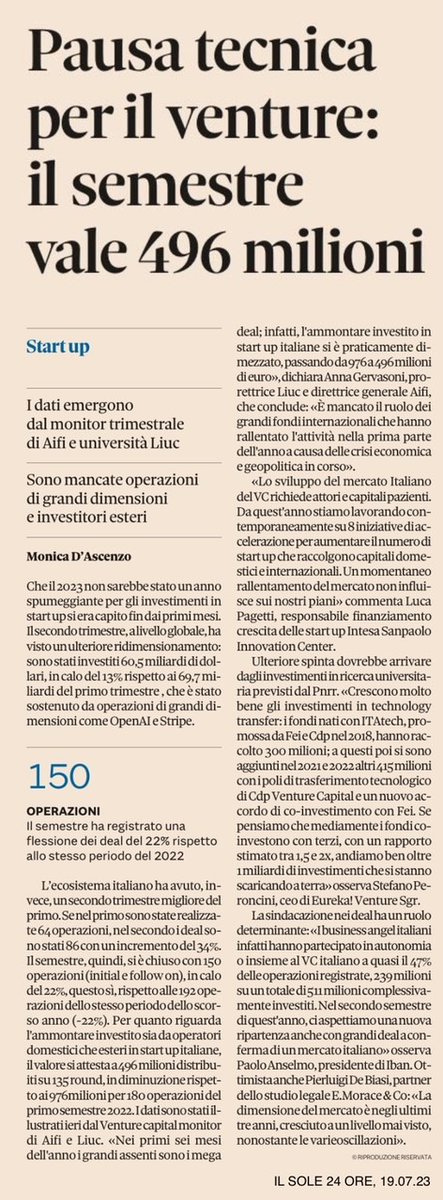 EUREKA! Venture (@eurekaventure) on Twitter photo Grazie a <a href="/Monica_Dascenzo/">Monica D'Ascenzo</a> che rilancia dalle pagine di <a href="/sole24ore/">IlSole24ORE</a> di oggi la visione ottimistica del nostro CEO <a href="/speroncini/">Stefano Peroncini</a> sul mercato del #vc italiano, che consolida comunque numeri importanti nel primo semestre 2023. <a href="/EIF_EU/">European Investment Fund</a> <a href="/GruppoCDP/">Cassa Depositi e Prestiti</a> #techtransfer #deeptech Grazie a <a href="/Monica_Dascenzo/">Monica D'Ascenzo</a> che rilancia dalle pagine di <a href="/sole24ore/">IlSole24ORE</a> di oggi la visione ottimistica del nostro CEO <a href="/speroncini/">Stefano Peroncini</a> sul mercato del #vc italiano, che consolida comunque numeri importanti nel primo semestre 2023. <a href="/EIF_EU/">European Investment Fund</a> <a href="/GruppoCDP/">Cassa Depositi e Prestiti</a> #techtransfer #deeptech