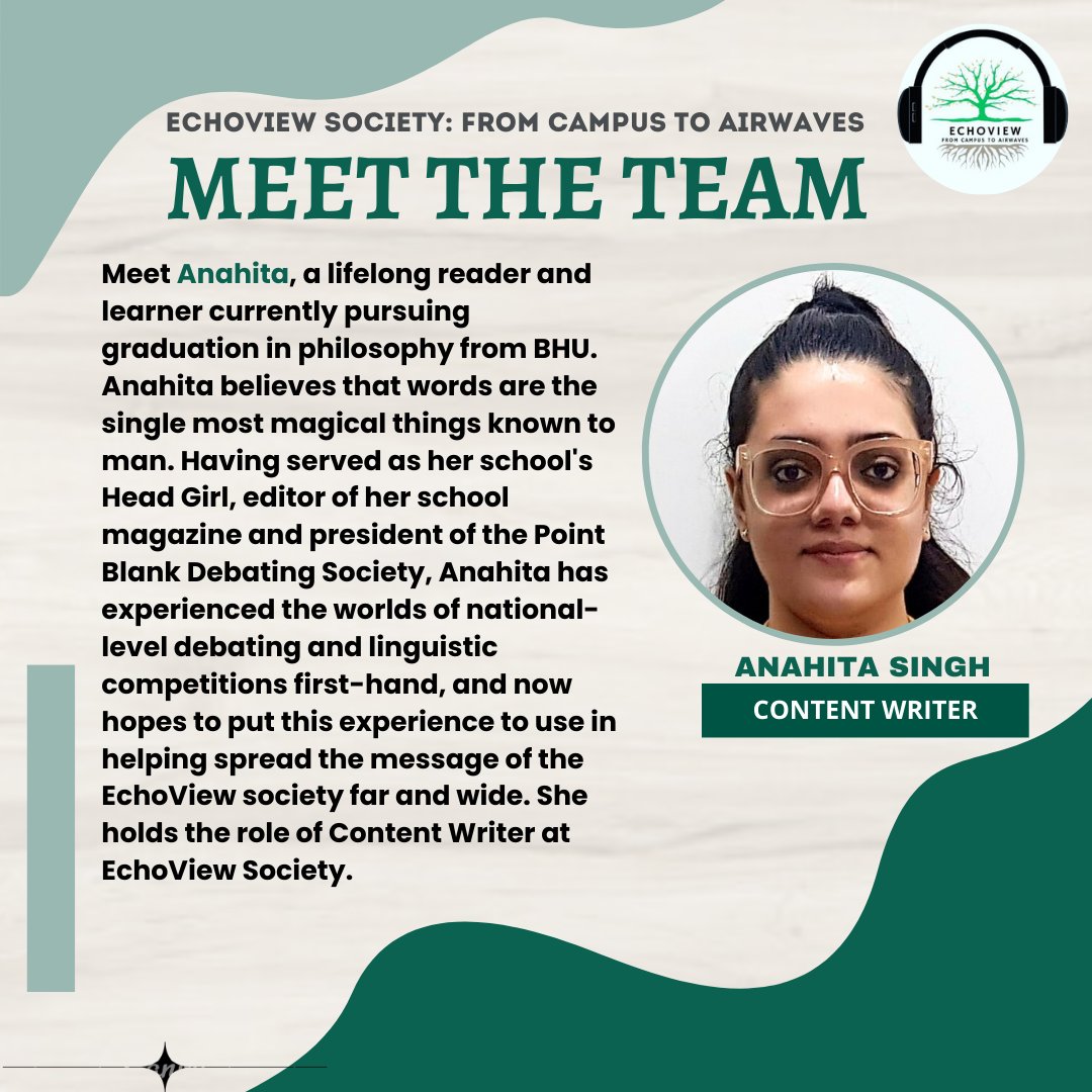 echoviewtweets's tweet photo. Introducing Anahita Singh as the  content writer of Echoview Society. As Ralph Waldo Emerson once said, 'The creation of a thousand forests is in one acorn,' so shall Anahita's literary prowess sow the seeds of captivating narratives.
#echoviewteam #bhu #ourteam #contentwriter. https://t.co/L71tR8XFlJ