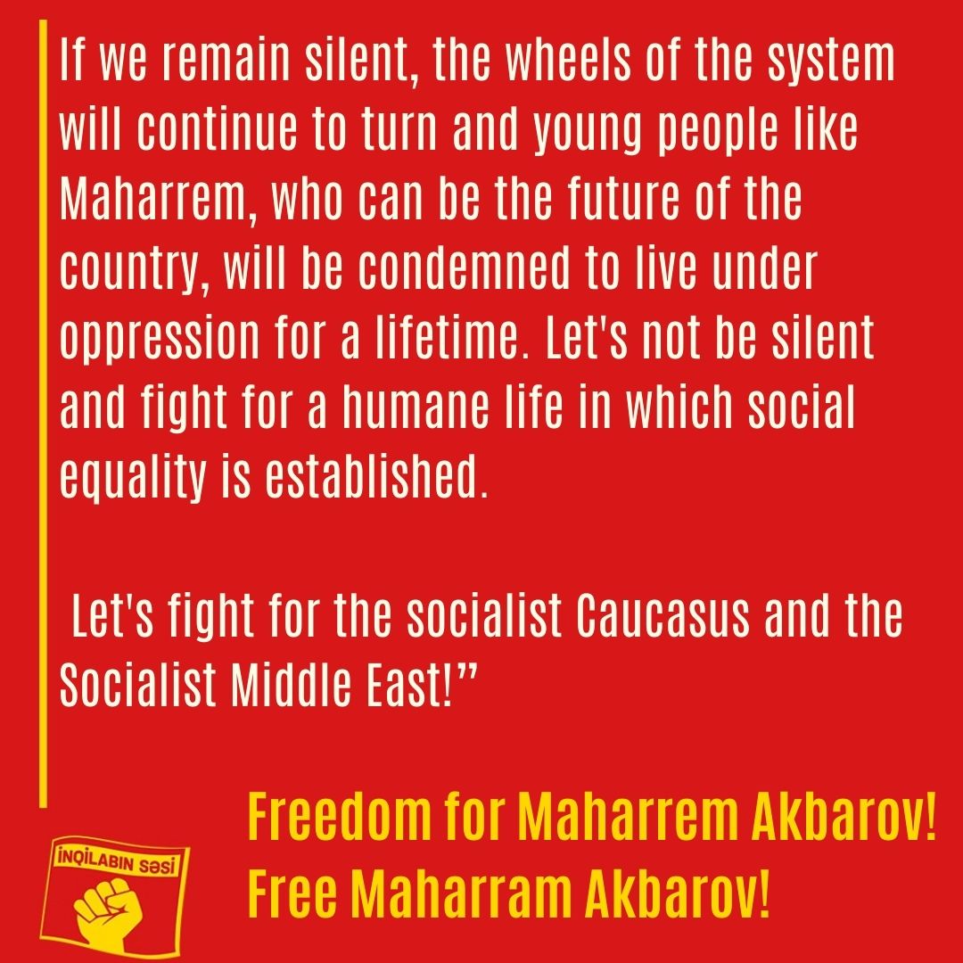 Declaration of Azerbaijani Revolutionary Organization Inqılabın Sesi on the imprisonment of Maharrem Akbarov 

@inqilabinsesi 
#MuharremAkbarovaÖzgürlük  #FreeMaharramAkbarov 
#MəhərrəmƏkbərovaAzadlıq
#JıboMuharremAkbarovAzadi