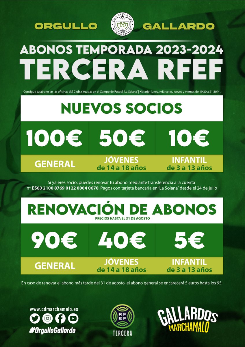 🟢 | RESERVA YA TU ABONO |
👉 Reserva ya tu abono para la temporada del CD Marchamalo  para la Temporada 2023/24 en Tercera División RFEF.
ℹ️  No esperes más, anímate a formar parte de la familia gallarda e infórmate en este enlace 👇
cdmarchamalo.es/abonos-23-24/
 
#MiEquipoMiPueblo
