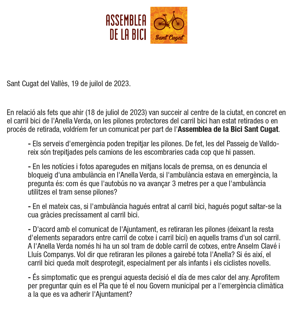 BiciStCugat's tweet photo. En relació als fets que ahir (18-7-23) van succeir al centre de #SantCugat, en concret en el carril bici de l'#AnellaVerda, on les pilones protectores del carril bici van estar retirades o en procés de retirada, hem fet un comunicat per part de l'Assemblea #BiciStCugat. https://t.co/KEDCqUeB0T