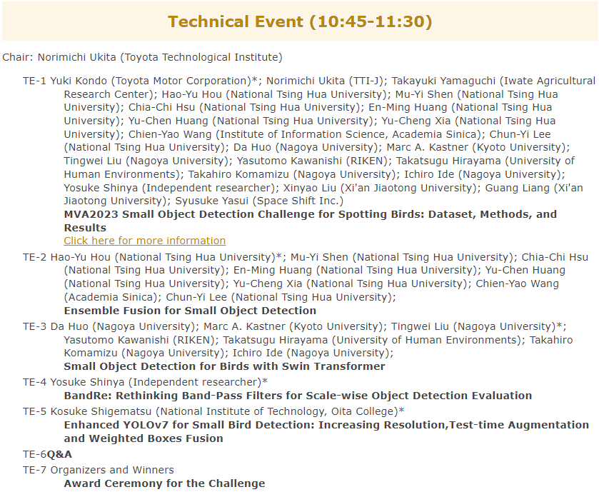 MVA_ORG's tweet photo. 📣Exciting Announcement!
Join us for the #MVA2023 Technical Event Session, open to everyone for FREE!🆓
📅 : July 24th, 10:45-11:30 AM (JST)
🏆 Don't miss the chance to witness the #SmallObjectDetection Challenge winners present their exceptional results and receive awards! 🥇 https://t.co/rhV2NopsgH