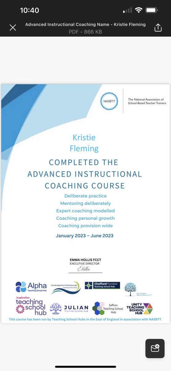 MissKFFleming's tweet photo. Received my @NASBTT certificate through yesterday for the instructional coaching course that I’ve completed this year. #instructionalcoaching #coaching #developingteachers https://t.co/5ze5bsrEkO