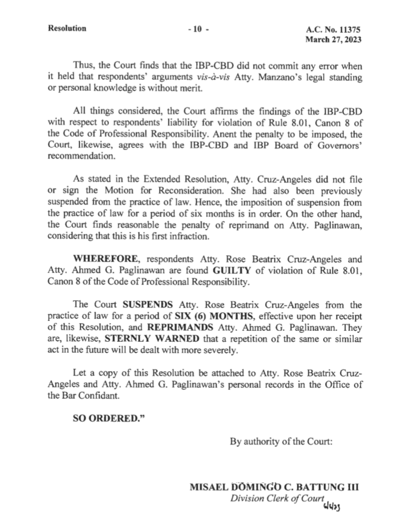 mikenavallo's tweet photo. JUST IN: Supreme Court suspends former presidential spokesperson Trixie Cruz-Angeles from practice of law for 6 months over the use of intemperate language in a pleading she and her co-counsel filed in court.

Her co-counsel, Atty. Ahmed Paglinawan, is reprimanded. https://t.co/ZWzkRrwQ6W