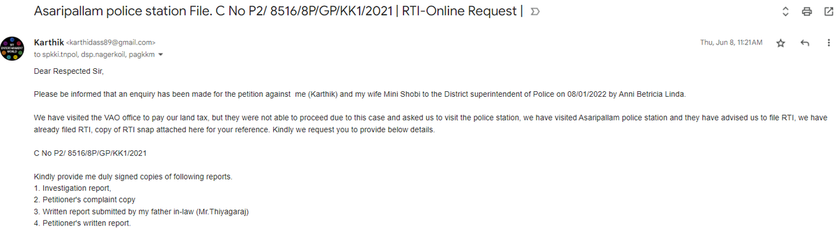 Karthik3799's tweet photo. Dear Sir,  

I have submitted RTI to Kanyakumari collector office till now didn't get any reply, I sent email as well the mentioned email id in RTI. kindly help me to solve this issue.  
@collectorkki @CMOTamilnadu @Manothangaraj
Thank you 
Best Regards 
Karthik Kalimuthu

📷 https://t.co/qT0wOn7n6p
