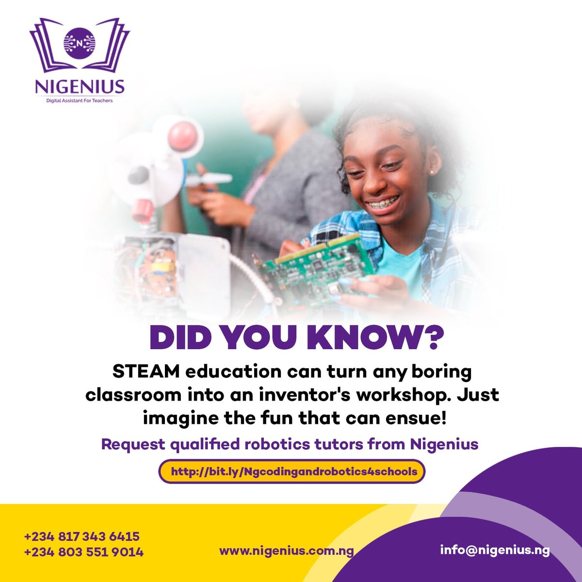 In the world of robotics and coding, innovation is inevitable.

Improve your school standards by adding Coding & Robotics to your curriculum.

To request Coding & Robotics tutors for your school,  use link bit.ly/Ngcodingandrob…

#Coding #robotics #steamfest #nigenius #kidcoder