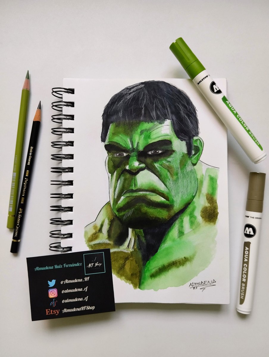 ✏️ Trabajo terminado y a la venta en el enlace y por mensaje privado 📩.

Dibujo de Hulk hecho con rotuladores acuarelables y lápices de colores. Formato A5.

👉 etsy.com/es/listing/152…