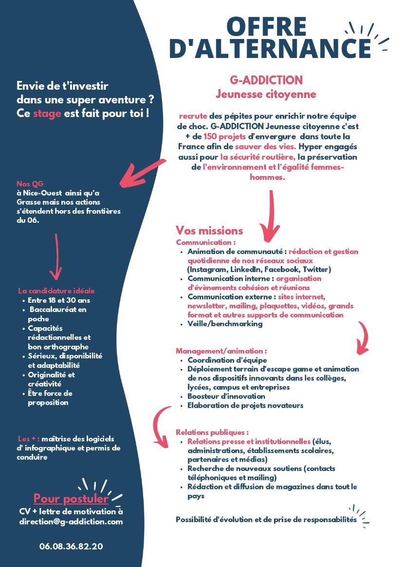 📋 @GADDICTION06 recrute en alternance !
✅ Déploiement terrain et animations (escape game, villages, ateliers prévention).
✅ Participation à l'élaboration de projets innovants.
✅ Relations institutionnelles, communication, etc.
➡ Envoie CV/LM à : direction@g-addiction.com