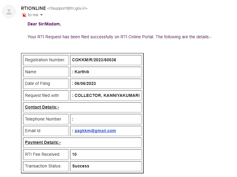 Karthik3799's tweet photo. Dear Sir,  

I have submitted RTI to Kanyakumari collector office till now didn't get any reply, I sent email as well the mentioned email id in RTI. kindly help me to solve this issue.  
@collectorkki @CMOTamilnadu @Manothangaraj
Thank you 
Best Regards 
Karthik Kalimuthu

📷 https://t.co/qT0wOn7n6p