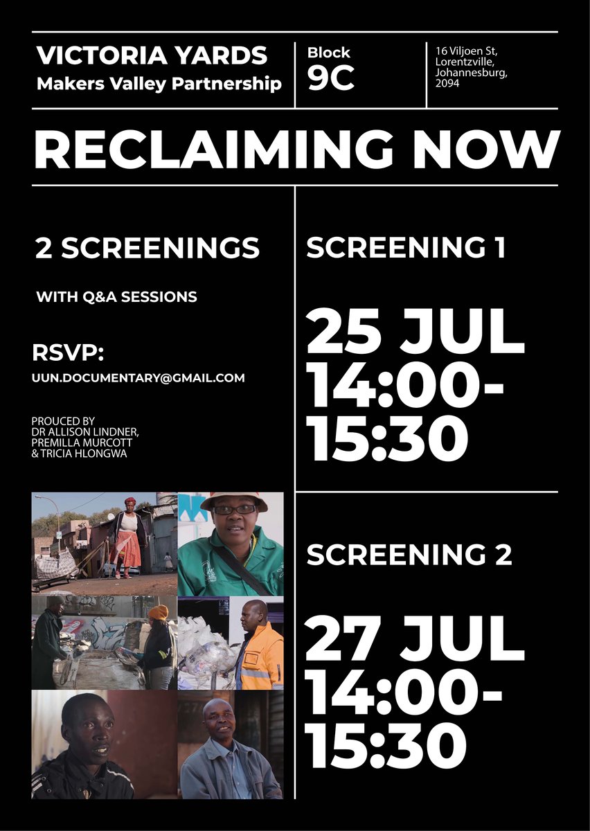 If you'll be in Gauteng next week, please go see my film about waste pickers and sustainable development, Reclaiming Now. Two screenings will take place in-person at Victoria Yards in Johannesburg. I will be online for the Q&amp;A sessions. <a href="/UCLLaws/">UCL Faculty of Laws</a>  <a href="/UCLPublicPolicy/">UCL Public Policy</a>