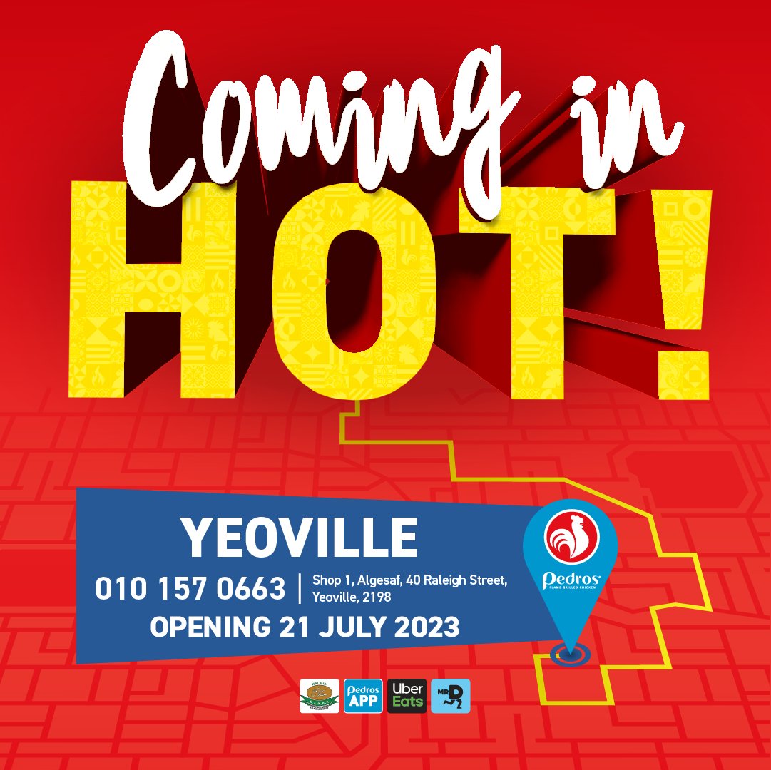 PedrosChicken's tweet photo. Olá, Johannesburg! Pedros Yeoville is opening this Friday 21st July at Shop 1, Algesaf, 40 Raleigh Street!
COMPETITION: To win a Pedros Feast for you and 2 friends (worth over R200), simply:
1. TAG 2 people who also love our flame-grilled chicken!
2. #VivaPedros https://t.co/lhCbgYvbh6