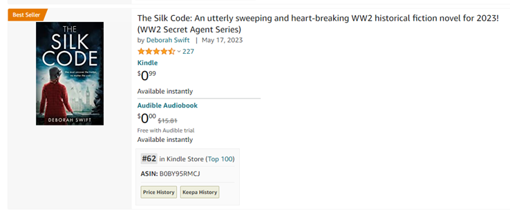 AudLinton's tweet photo. So delighted to see #TheSilkCode at no 62 in the US Kindle chart this morning!🎊🎊
@swiftstory @HQstories https://t.co/YT4FRfJIm2