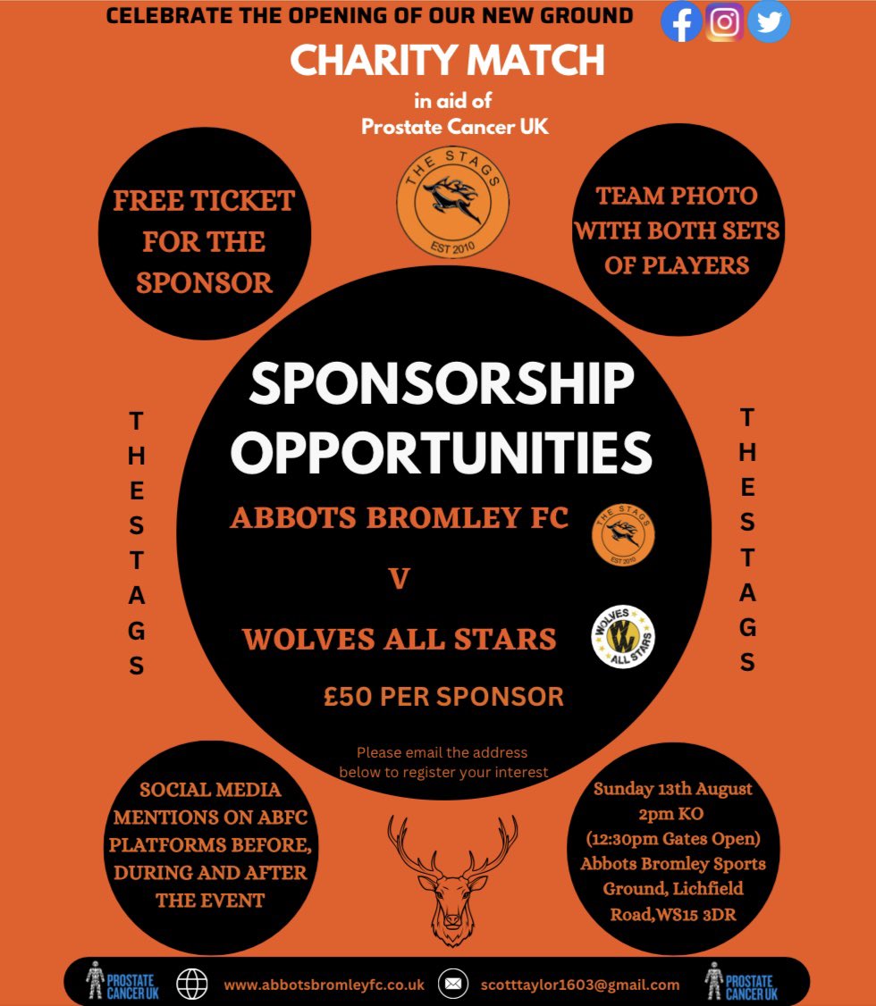 abbotsbromleyfc's tweet photo. SPONSORSHIP PACKAGES ☝️

Would you 🫵 like to get involved in sponsoring our first match at our new ground against @WolvesAllstars on Sunday 13th August KO 2pm in aid of @ProstateUK 

📧 Please email scotttaylor1603@gmail.com https://t.co/TnUDDYxD4E