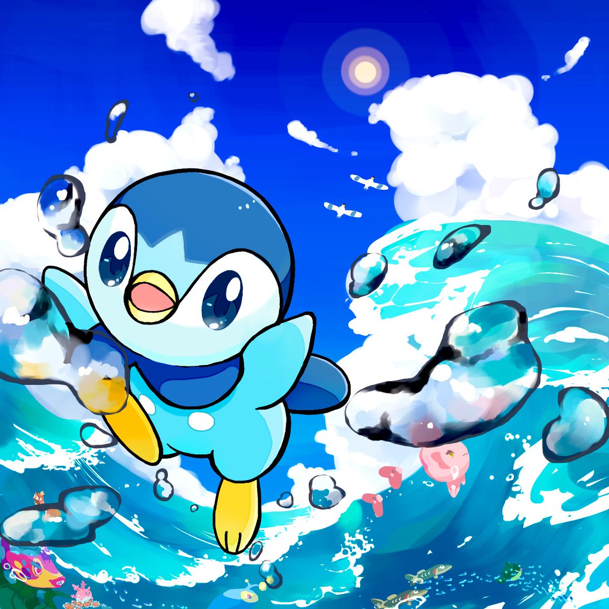 piplup pokemon (creature) no humans water cloud day outdoors sky  illustration images