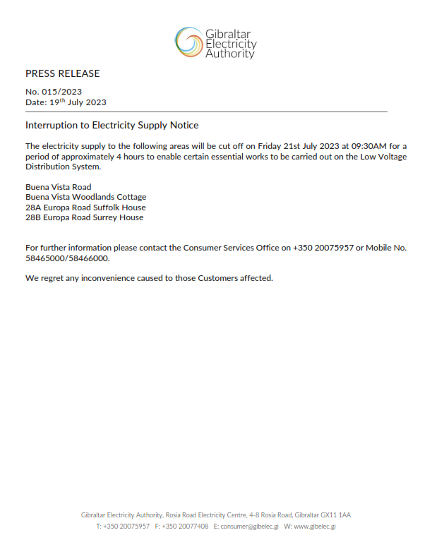 Gib_Elec's tweet photo. Interruption to Electricity Supply Notice

Please see attached for further information.

We regret the inconvenience caused. https://t.co/XKobYKWj4v