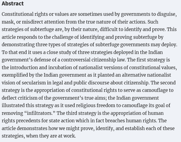 aFarrahAhmed's tweet photo. Cuckoos, chameleons and...citizenship? Open access @icon_journal on how to identify strategies of subterfuge- appropriation of constitutional rights/values to disguise authoritarian actions-illustrated India's defence of the Citizenship Amendment Act 2019 https://t.co/TfsMx6RpaX https://t.co/HXVsEBCsir
