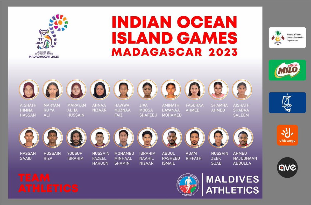 Congratulations, the Athletics team of Maldives taking part in upcoming Indian Ocean Island Games, which will be held from 23 August to 3 September at Madagascar 
All the best #TeamMaldives Make the nation proud 🇲🇻 <a href="/AthleticsMv/">Athletics Association of Maldives</a> <a href="/olympicmv/">Maldives Olympic Committee</a> @MoYSCEmv