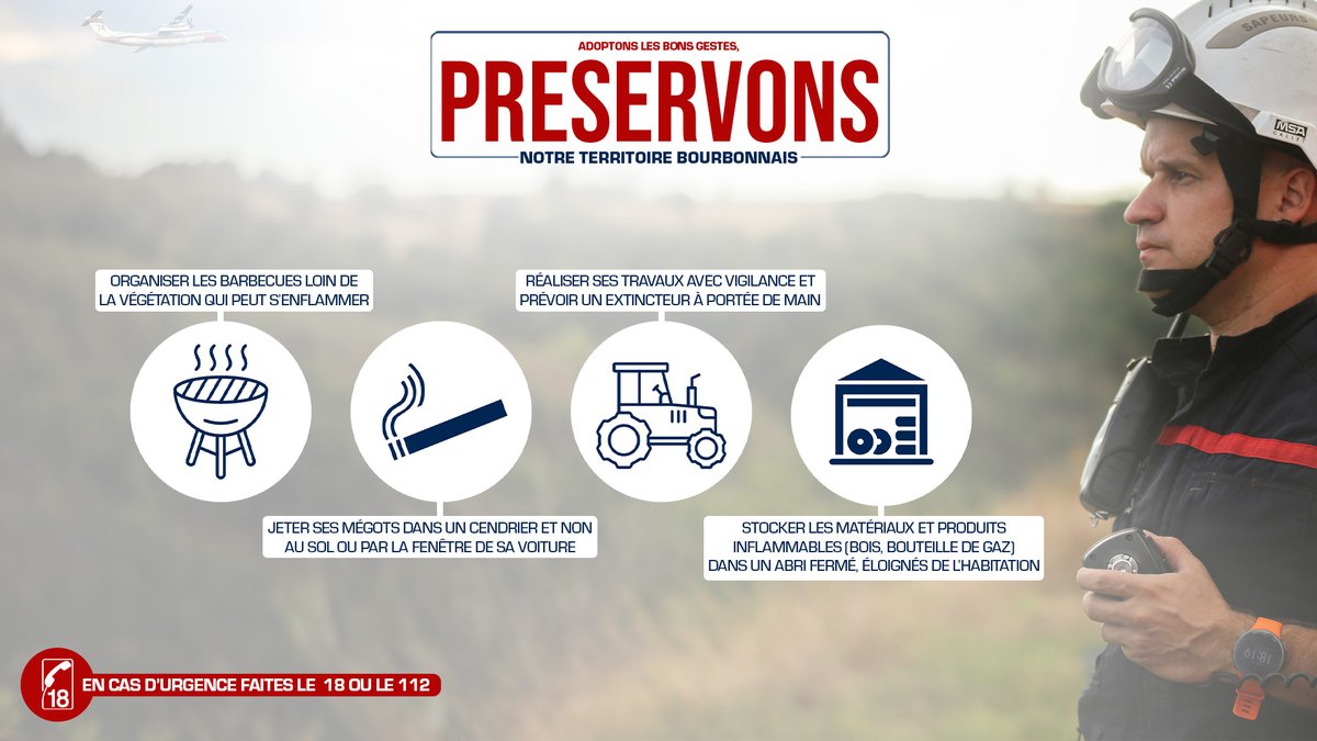 Pompiers03's tweet photo. [ #PRESERVONSLEBOURBONNAIS ]
 
🌳🔥 - En cette période de fortes chaleurs adoptons les bons gestes afin de prévenir tout départ incendie... https://t.co/7xb3gmMAtG