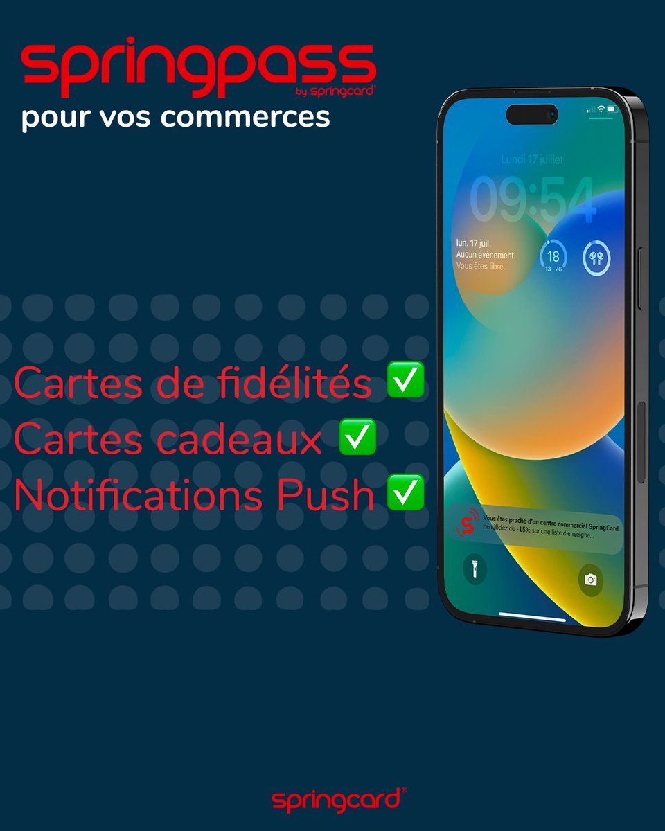 Grâce à notre solution SpringPass, dématérialisez les cartes de vos adhérents directement dans le « Wallet » de vos utilisateurs.

Bénéficiez gratuitement de passes de test iOS et Android pour Apple Wallet et Google Wallet juste ici : ow.ly/wMnt50PcGaH