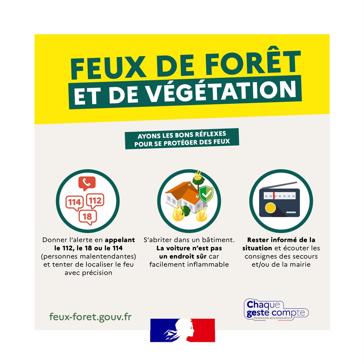 DFCIaquitaine's tweet photo. Cet été, si vous êtes témoin d'un départ de feu de forêt ne paniquez pas, mettez-vous à l'abri et adoptez les bons réflexes !
#feudeforet #vegetation #incendie #prevention #pretection https://t.co/0zp0UE8Dax