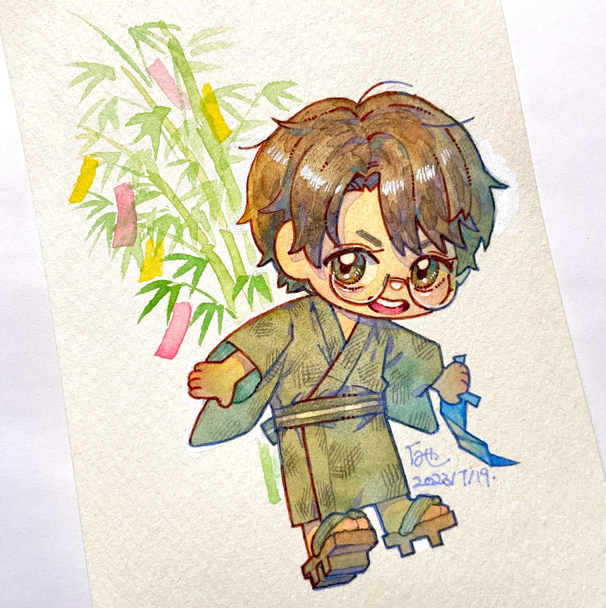1boy male focus japanese clothes brown hair solo glasses chibi  illustration images