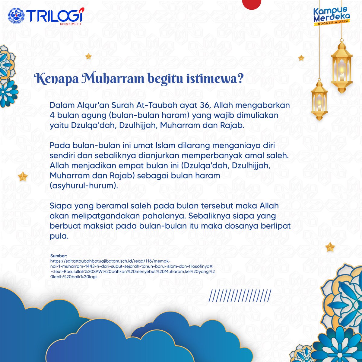 Seluruh civitas akademika Universitas Trilogi mengucapkan selamat Tahun Baru Islam 1 Muharram 1445 H. Semoga Allah SWT selalu memberikan kedamaian dan keselamatan di tahun baru ini!✨🙏

#universitas #kampusjakarta #kampusmerdeka #kuliah  #Trilogi #DaftarKuliah #JoinTrilogi