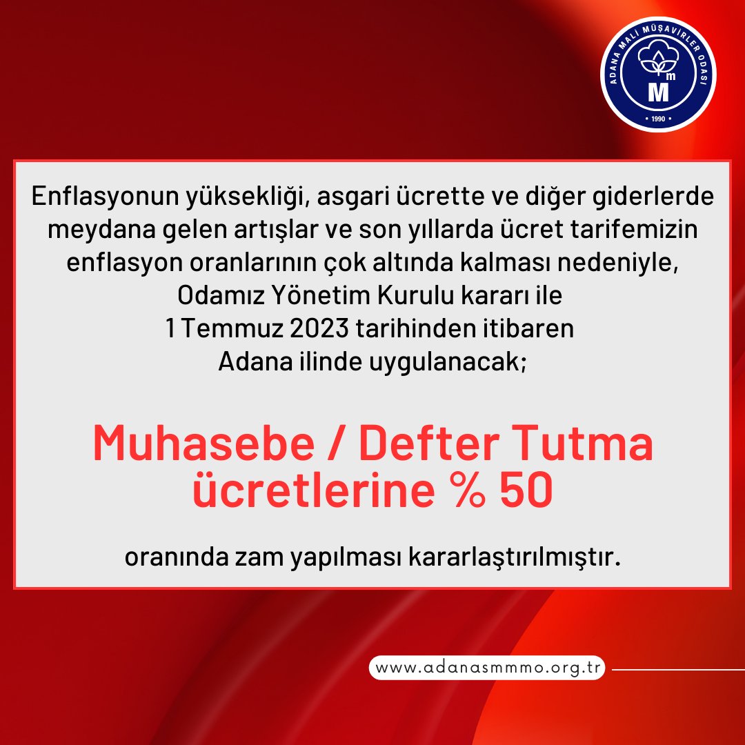 1 Temmuz 2023 tarihinden itibaren geçerli olan Mali Müşavirlik Asgari Ücret tarifesine aşağıdaki bağlantıdan ulaşabilirsiniz.

adanasmmmo.org.tr/2023-2-donem-s…