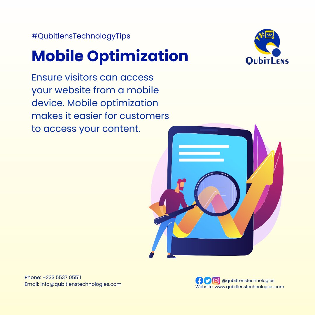QubitLens's tweet photo. Did you know that mobile optimization is no longer an option? It is  MUST for your website. Reach and engage your audience on the go with seamless mobile experiences. 
Reach us at https://t.co/kSpPnF7dlL
+233 5537 05511
info@qubitlens.com
#Website #Webdesign #mobile #SEO https://t.co/dXh2ndVpMo