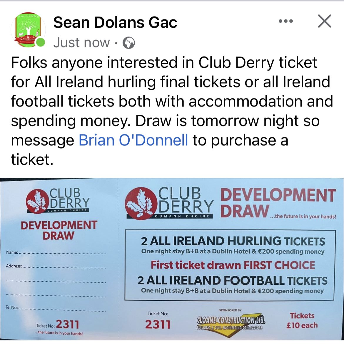 SeanDolans's tweet photo. Message Us DM or @brianodonnell75 directly to purchase ticket. Draw tonight https://t.co/gkiukAyIyA