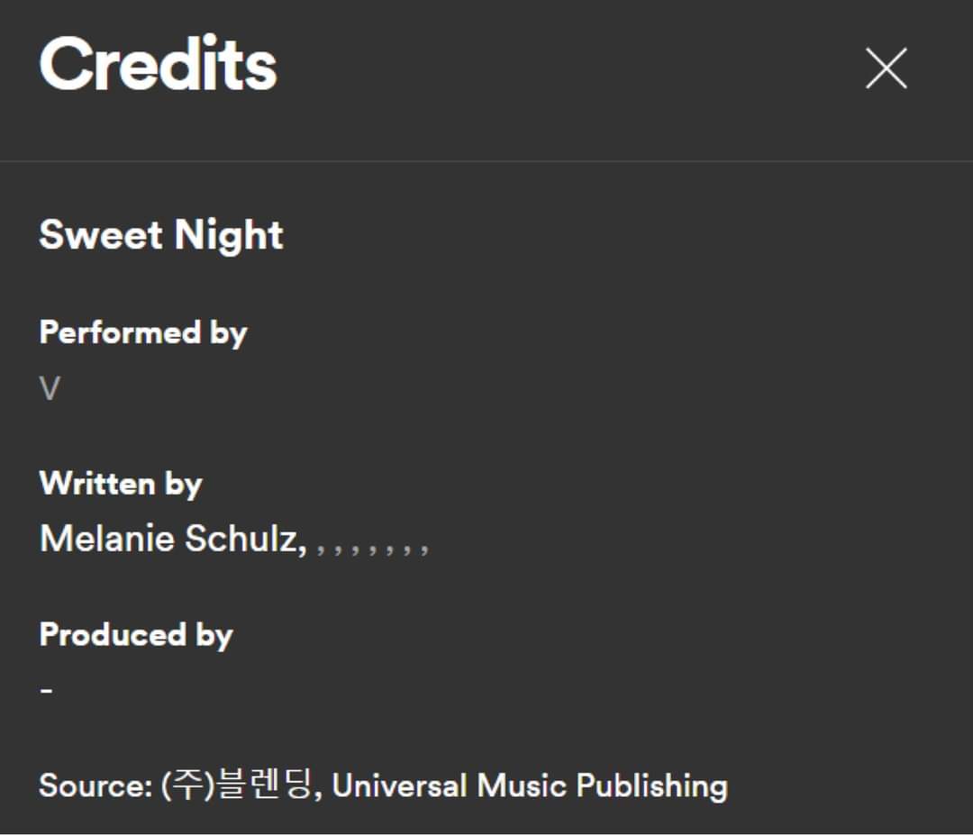 Hey <a href="/Spotify/">Spotify</a> <a href="/SpotifyCares/">SpotifyCares</a>
RM's, SUGA's and J-HOPE's writing credits are removed from the tracks Life Goes On and Yet To Come on Spotify. Jimin’s writing credits are removed from Like Crazy. And the credits of Sweet Night are wrong since V wrote and composed it! Please fix it!