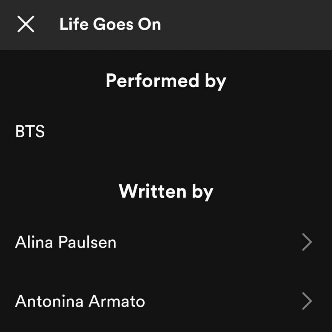 borarjrye's tweet photo. Hey @Spotify @SpotifyCares
RM's, SUGA's and J-HOPE's writing credits are removed from the tracks Life Goes On and Yet To Come on Spotify. Jimin’s writing credits are removed from Like Crazy. And the credits of Sweet Night are wrong since V wrote and composed it! Please fix it! https://t.co/l2cVMBnD30
