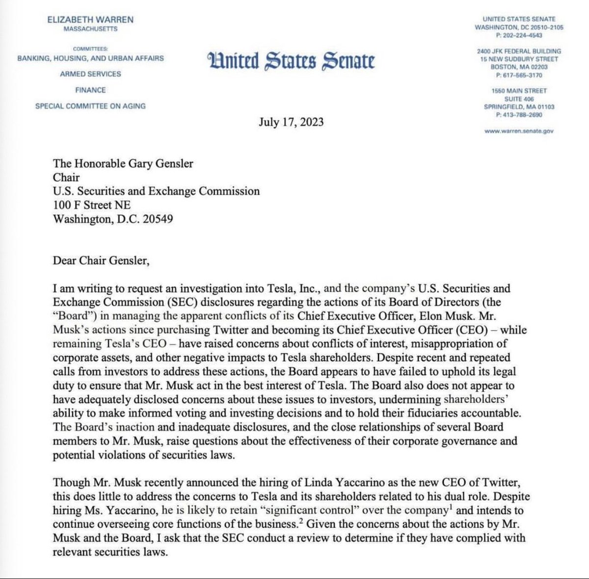 United States Senator Elizabeth Warren has asked the Securities and Exchange Commission ( #SEC  ) to investigate #Tesla  , which is led by #ElonMusk 

The reason behind this request is Senator Warren's concern about potential misappropriation of assets and conflicts of interest… https://t.co/hyJKtHRvEU https://t.co/msTs0NSXl1