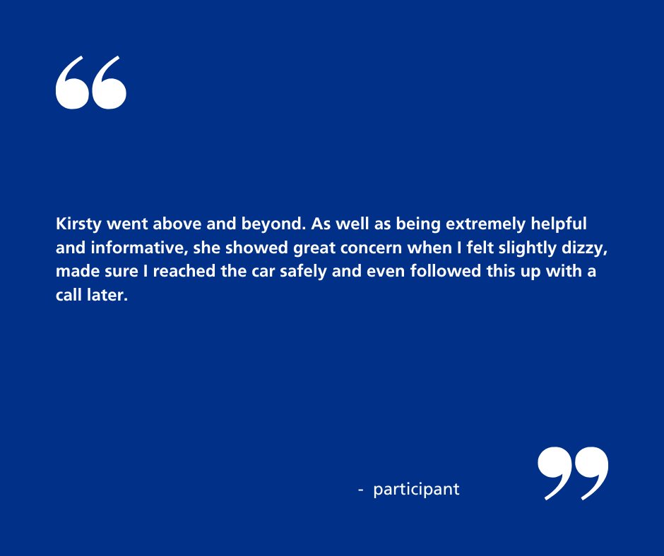 ⭐  Participant Testimonial  ⭐ 

Kirsty took extra care of this participant who felt slightly dizzy during their health check and went above and beyond to make sure they were okay. 

You can find out more about our team here: norfolkhealthchecks.reedwellbeing.com/team/