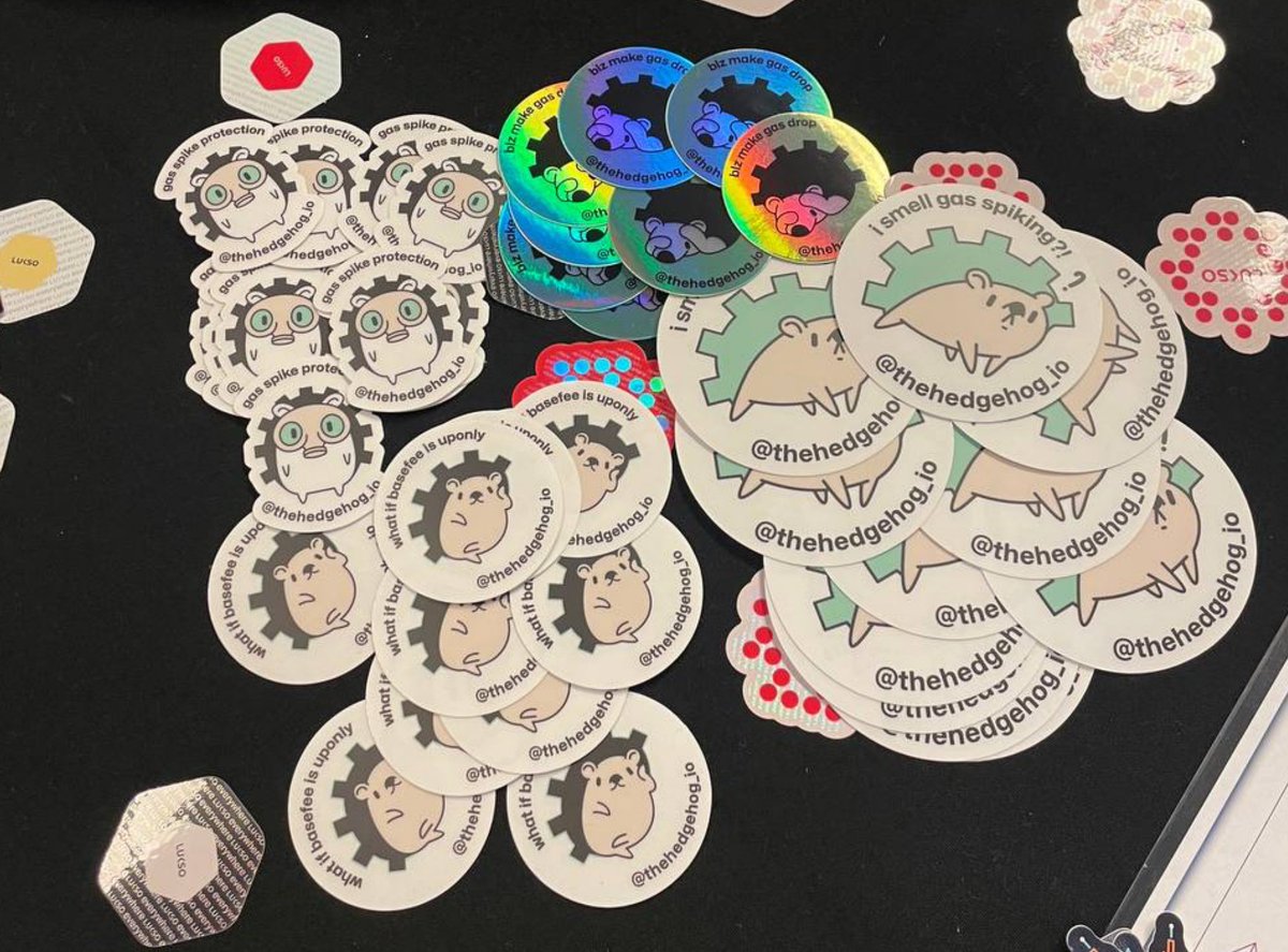 TheHedgehog_io's tweet photo. We left a treasure pile of these bad boys somewhere at ETHcc. Been having a ton of great conversations with #MEV enthusiasts, wallets, devs, and degens - thanks to everyone for taking the time! We are still in Paris for a couple more days, grab a sticker if you see us 🦔 #BaseFee https://t.co/EyOa9Dbsss