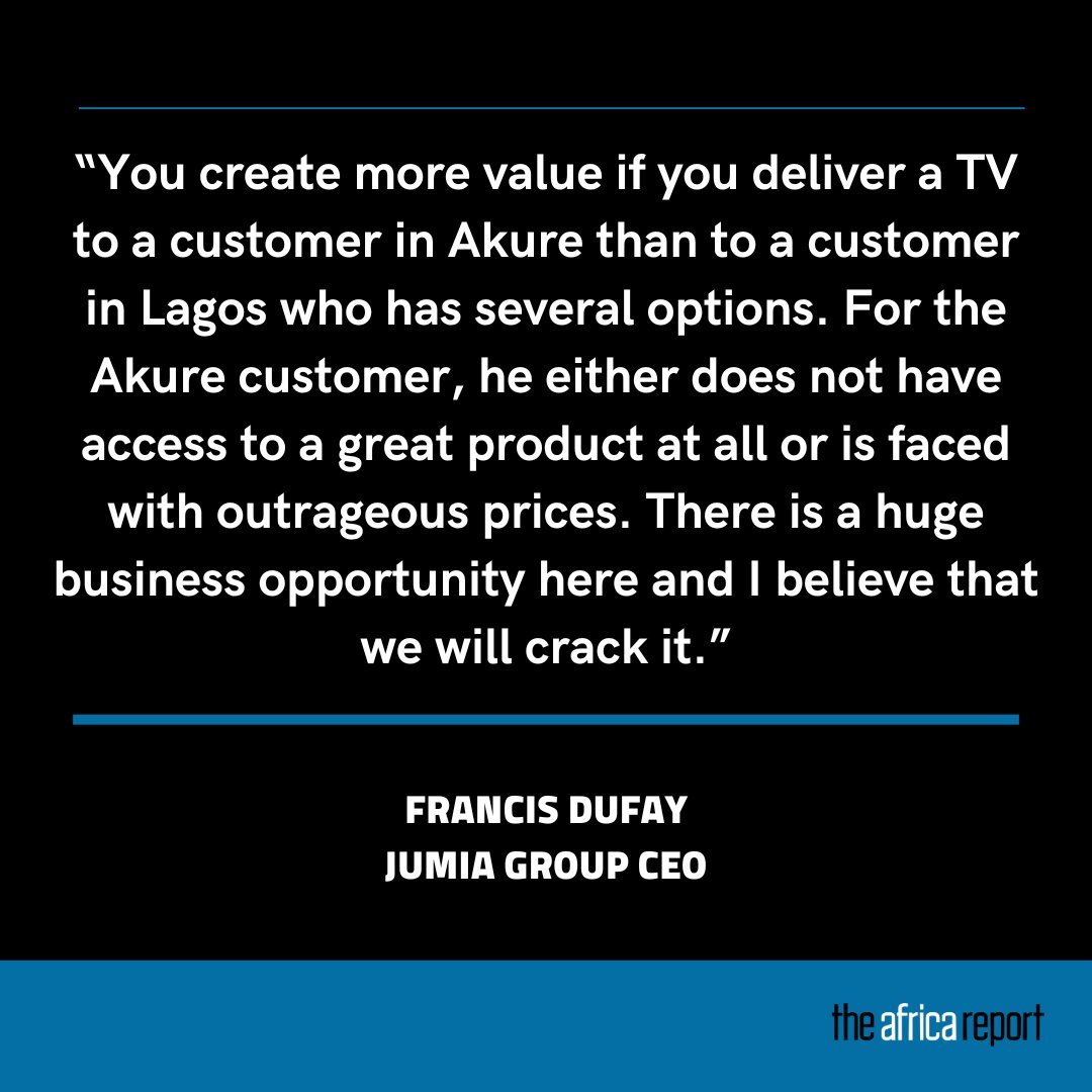TheAfricaReport's tweet photo. @Jumia_Group plans to expand to rural areas in #Nigeria, says Group CEO Francis #Dufay following the company’s successful pilot projects in #IvoryCoast. Jumia is beginning to rethink its strategy. 👉 https://t.co/lKo0oaquuY. https://t.co/5qdPnYWB7G