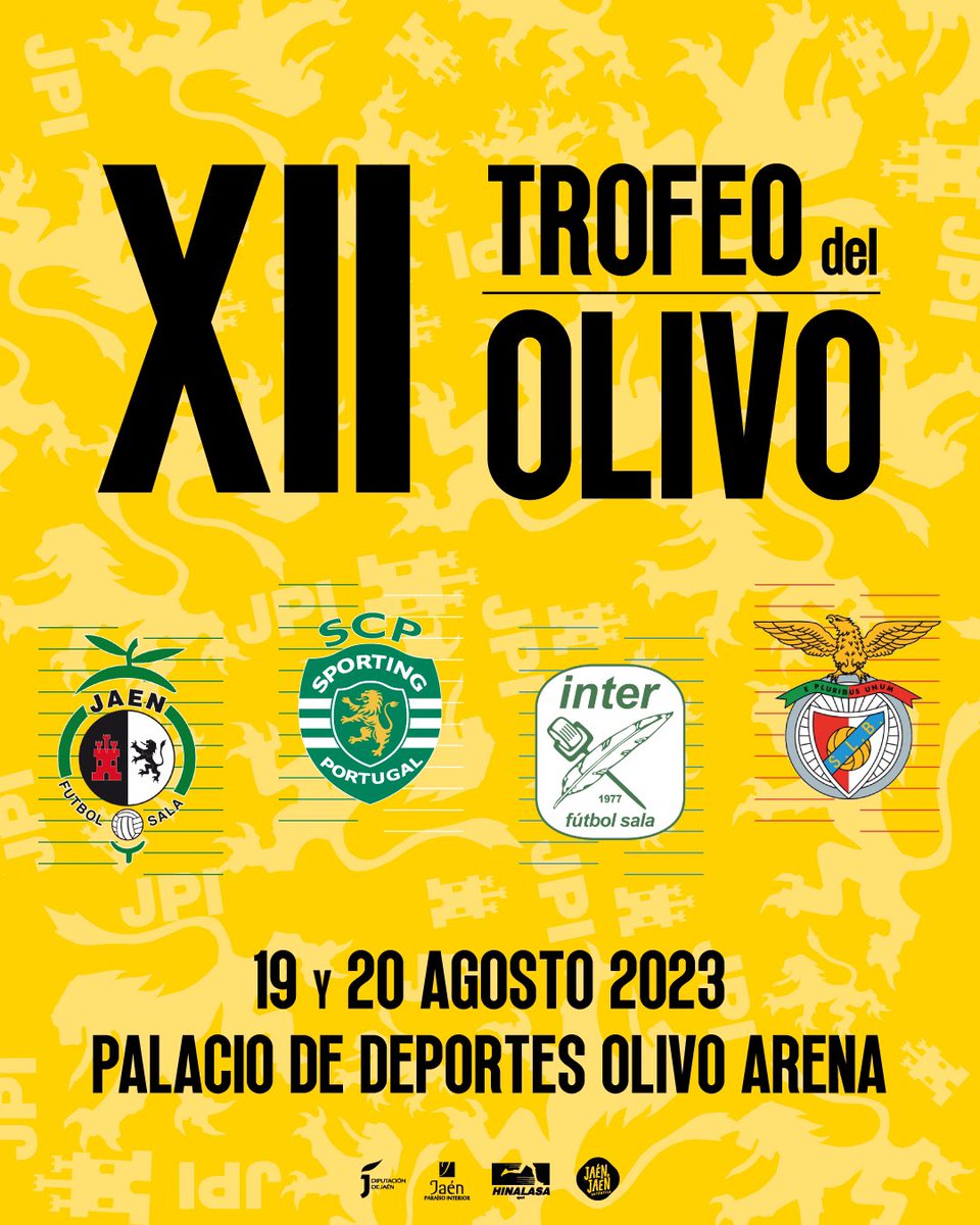 🔝 Un cartel 𝐈𝐌𝐏𝐑𝐄𝐒𝐈𝐎𝐍𝐀𝐍𝐓𝐄

✅ <a href="/SCPModalidades/">Sporting CP - Modalidades</a>, <a href="/InterMovistar/">Movistar Inter FS</a> y <a href="/modalidadesslb/">SLBenfica Modalidades</a>

🏟️ Olivo Arena
🗓️ 19 y 20 de agosto

👏 <a href="/dipujaen/">Diputación de Jaén</a>

⚽️ Llega un gran fin de semana de fútbol sala con el XII Trofeo del Olivo

#SomosJaén💛