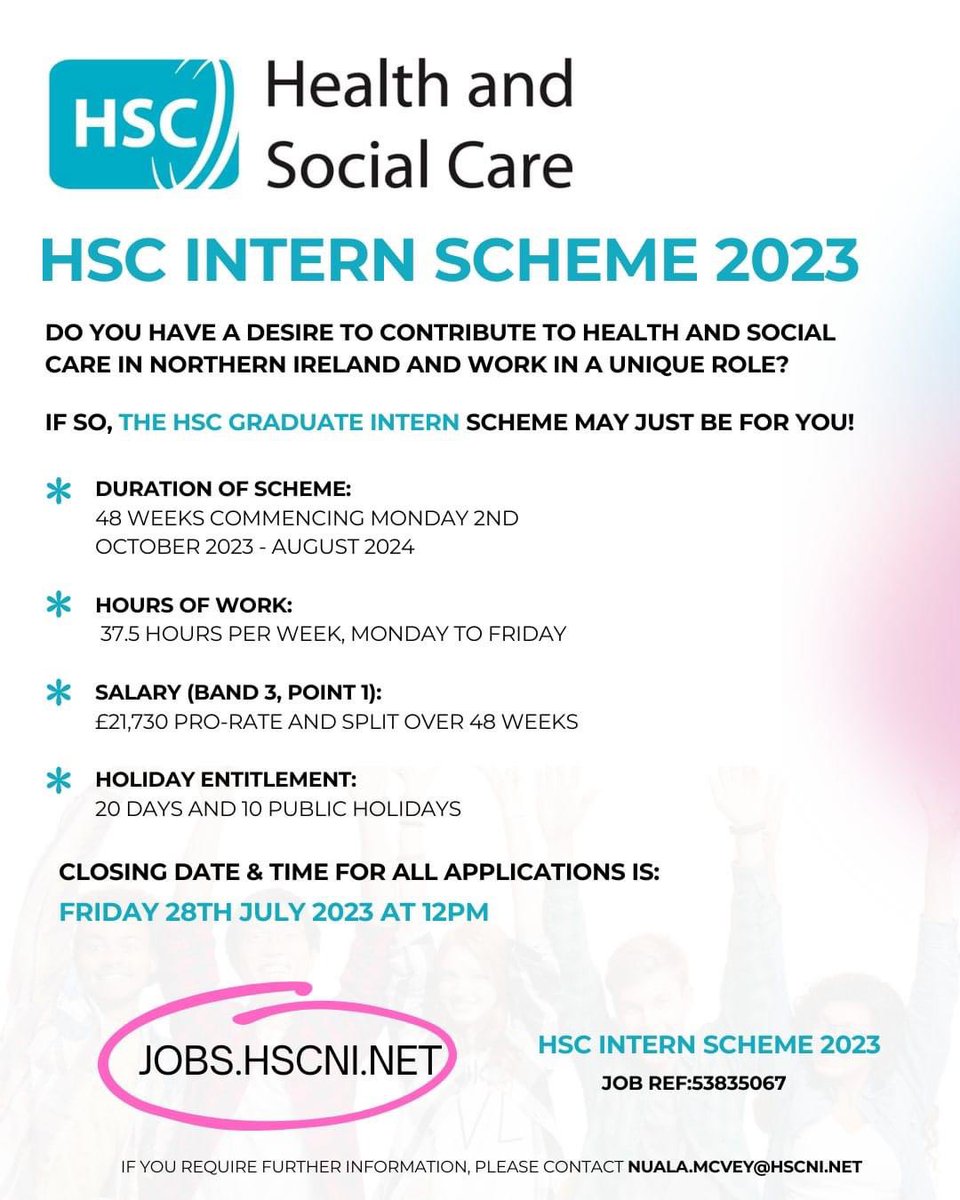 #HSC Graduate Intern Scheme 2023-2024 - Do you have a desire to contribute to Health &amp; Social Care in N.Ireland and to make a difference? If so, the #HSC Graduate Intern Scheme is for you

Apply via the following link:  jobs.hscni.net/Job/29803/hsci…

Closing date Fri 28th July at 12pm.