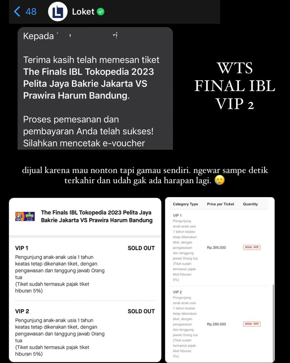 jogjadiskonn's tweet photo. wts tiket ibl final jakarta atas nama pribadi. category vip 2. cuma ada 1 tix ya karena kemarin sekali checkout cuma bisa 1, pas mau nambah malah gak dapet lagi sampe soldout. dm kalo minat. thanks https://t.co/QBNMNPX4Pi