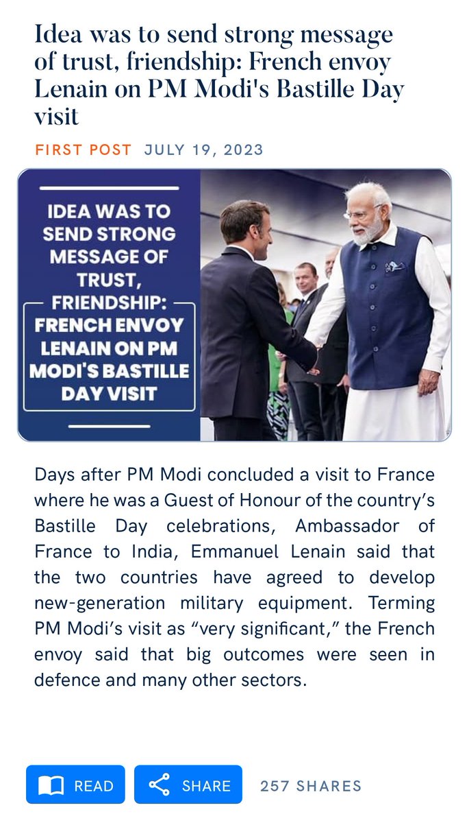 Idea was to send strong message of trust, friendship: French envoy Lenain on PM Modi's Bastille Day visit
https://t.co/2jIhr6oI1m

via NaMo App https://t.co/xGS6rcWKCq