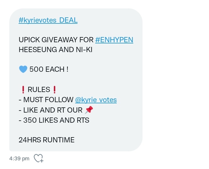 ikkeuragi's tweet photo. #kyrievotes_DEAL 

UPICK GIVEAWAY FOR #ENHYPEN HEESEUNG AND NI-KI 

💙 500 EACH ! 

❗RULES❗
- MUST FOLLOW @kyrie_votes
- LIKE AND RT OUR 📌
- 350 LIKES AND RTS 

24HRS RUNTIME

#ENVOOSTERS #ENFuelUp https://t.co/oo7WRtwuQi