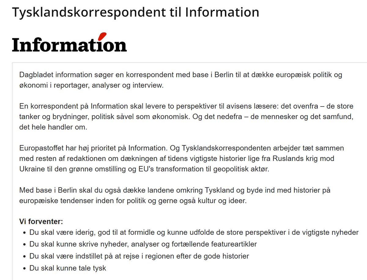 Det går fremad på Tyskland-fronten 🇩🇪

Tilbage i 2017 skrev Information i sit jobopslag som Tyskland-korrespondent, at "gode tyskkundskaber er en klar fordel".

Nu står der, "du skal kunne tale tysk".

Det må være <a href="/Mathias_I_Sonne/">Mathias I. Sonne</a> -effekten ☀️

Jobopslag: mediajob.dk/jobsearch.asp?…