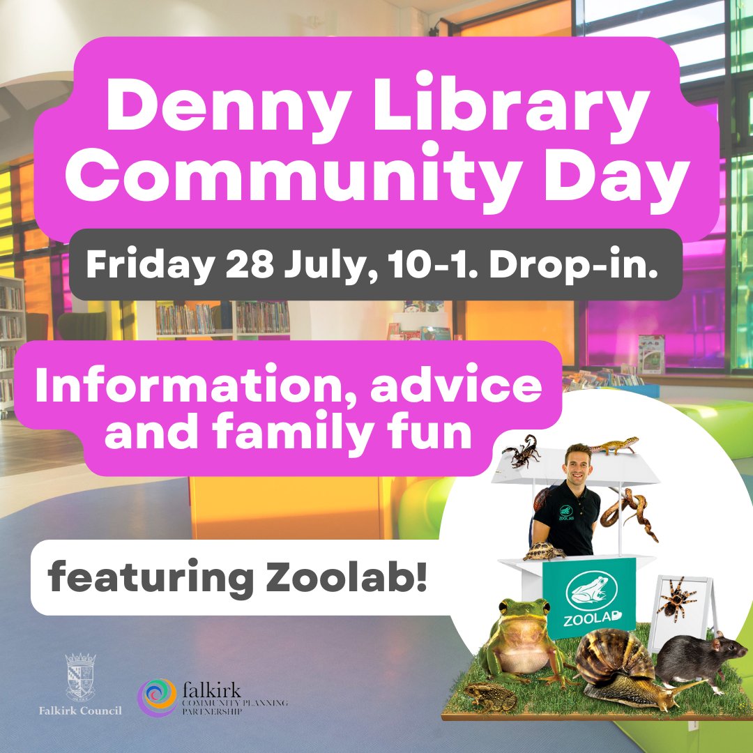 LibFalkirk's tweet photo. 🗓️28/7/23 | 10-1 | FREE
🤩Week on Friday is our big morning at #Denny Library. Stalls galore of information and family fun.
ℹ️ In the main library: Friendly advice from community organisations.
🕷️In the community room: ZooLab, LEGO and more. https://t.co/SuzrSin3aU https://t.co/BSlCaVC7p0